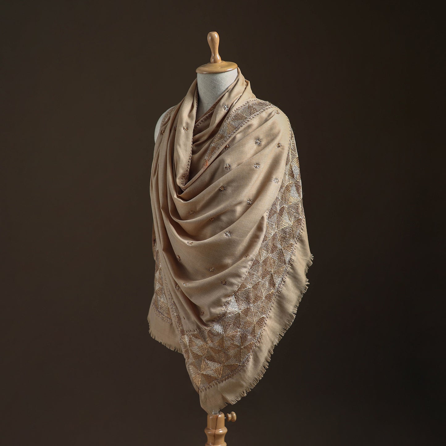 Beige - Hand Embroidered Phulkari Wool Shawl 03