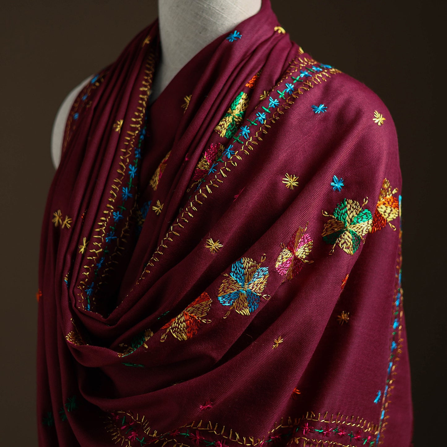 Purple - Hand Embroidered Phulkari Wool Shawl 05