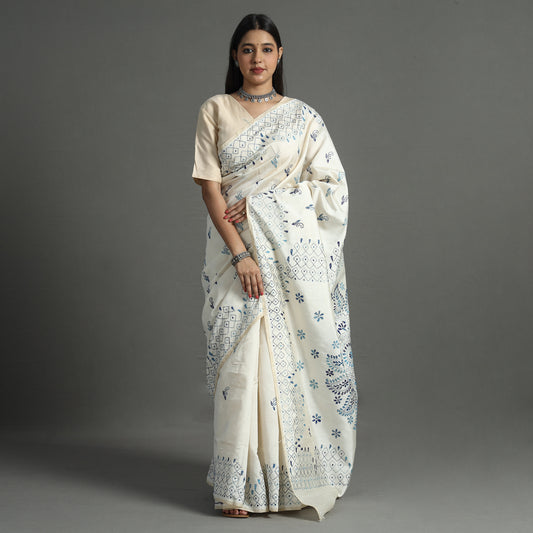 White - Bengal Nakshi Kantha Embroidery Silk Saree 11