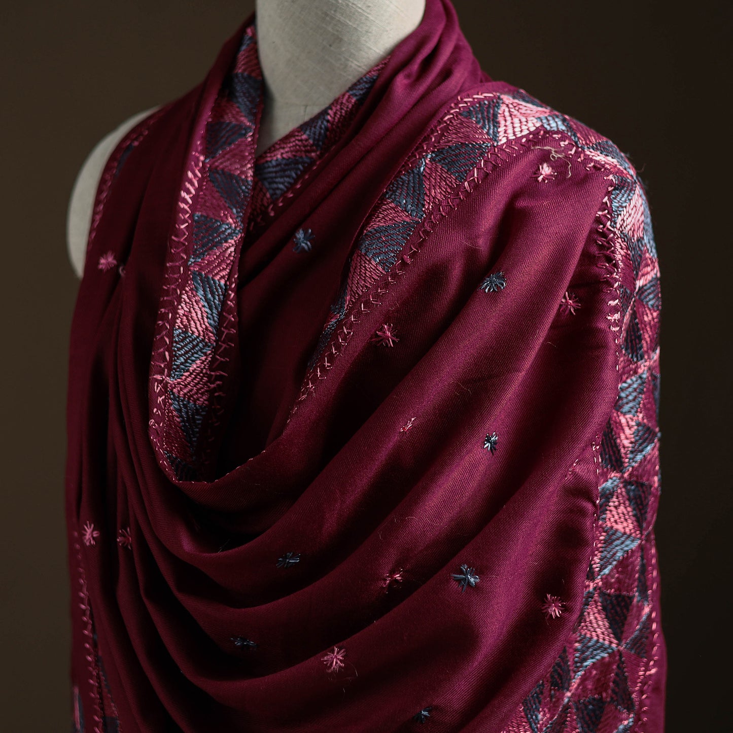 Purple - Hand Embroidered Phulkari Wool Shawl 06