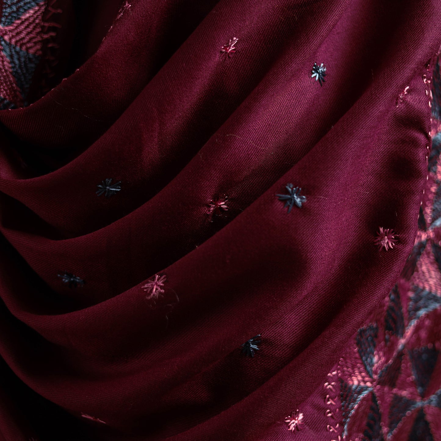 Purple - Hand Embroidered Phulkari Wool Shawl 06