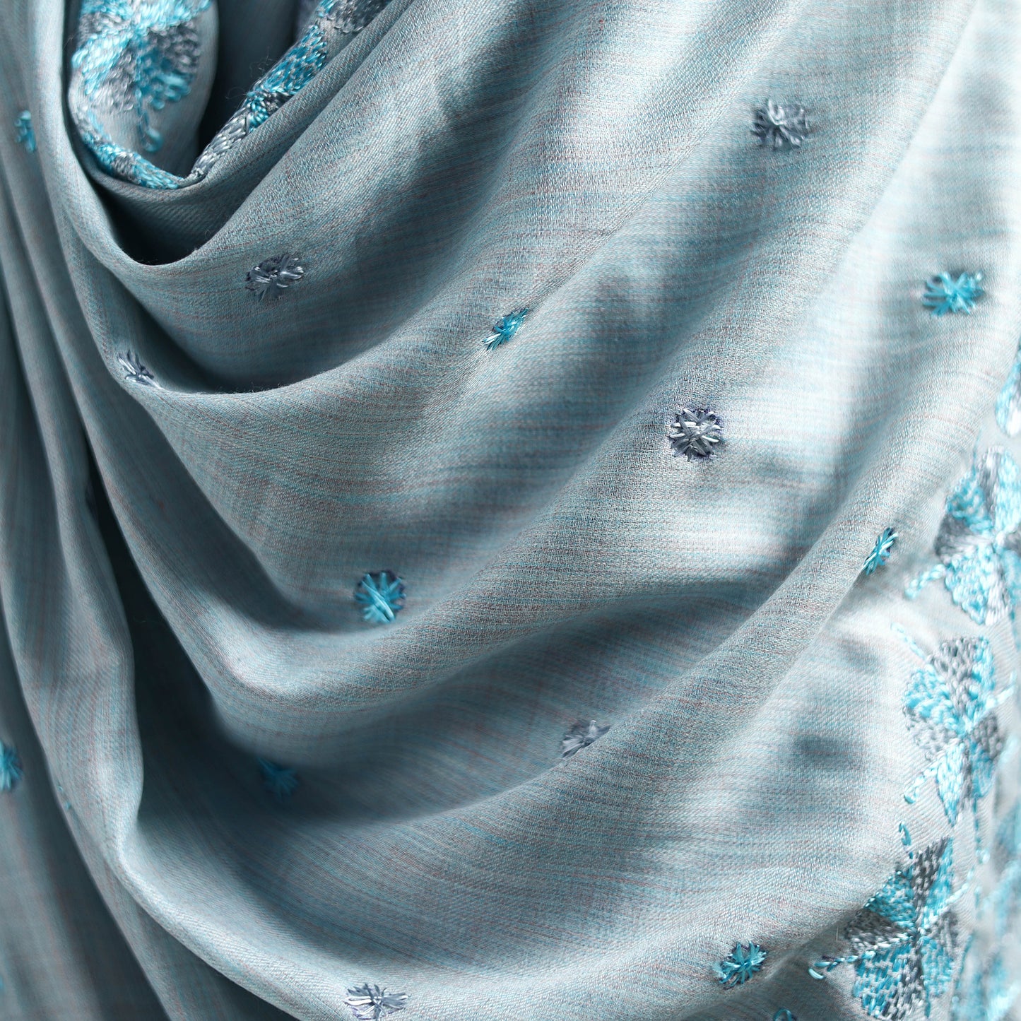 Blue - Hand Embroidered Phulkari Wool Shawl 07