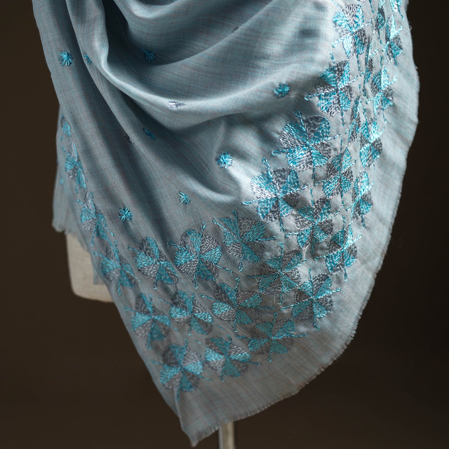 Blue - Hand Embroidered Phulkari Wool Shawl 07
