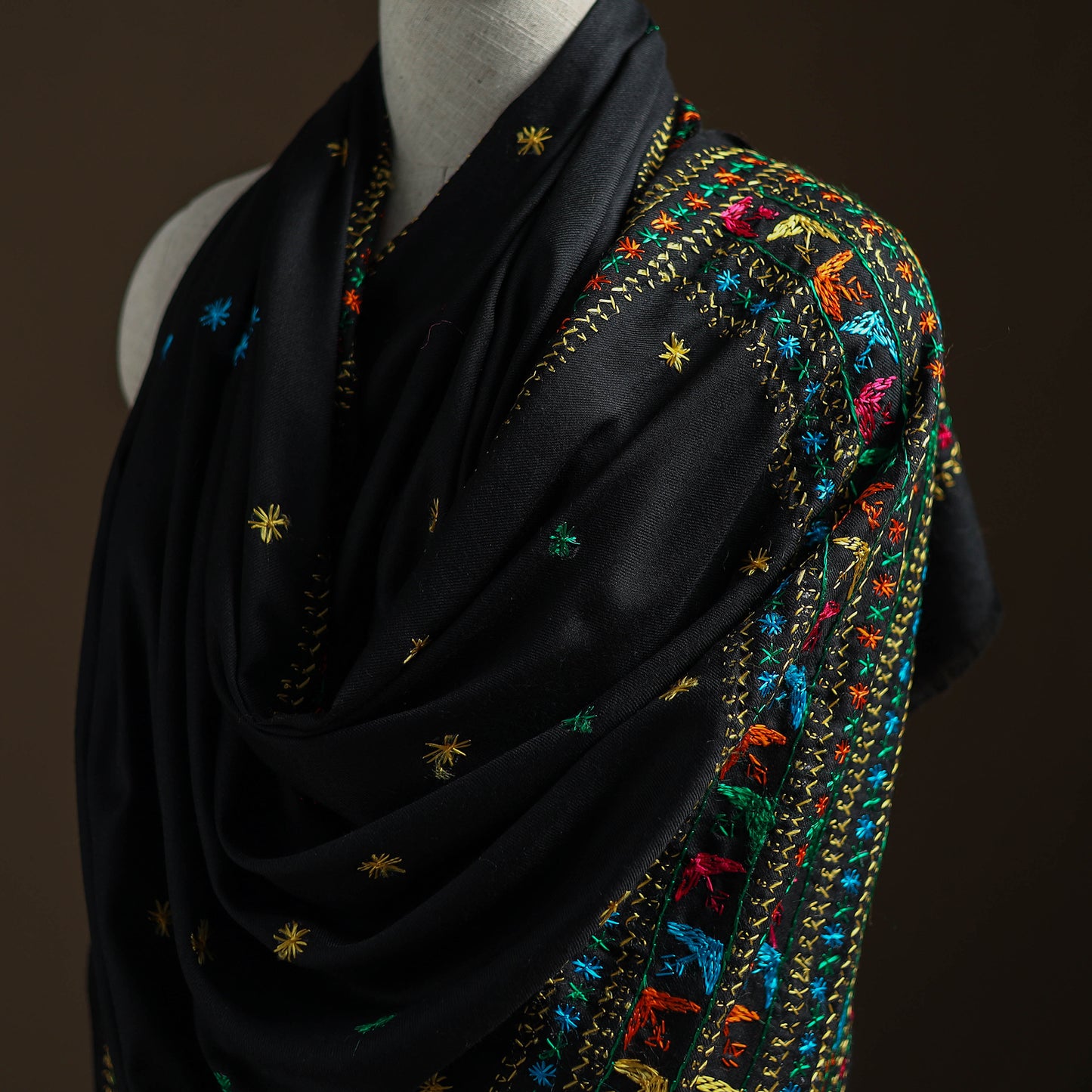 Black - Hand Embroidered Phulkari Wool Shawl 08