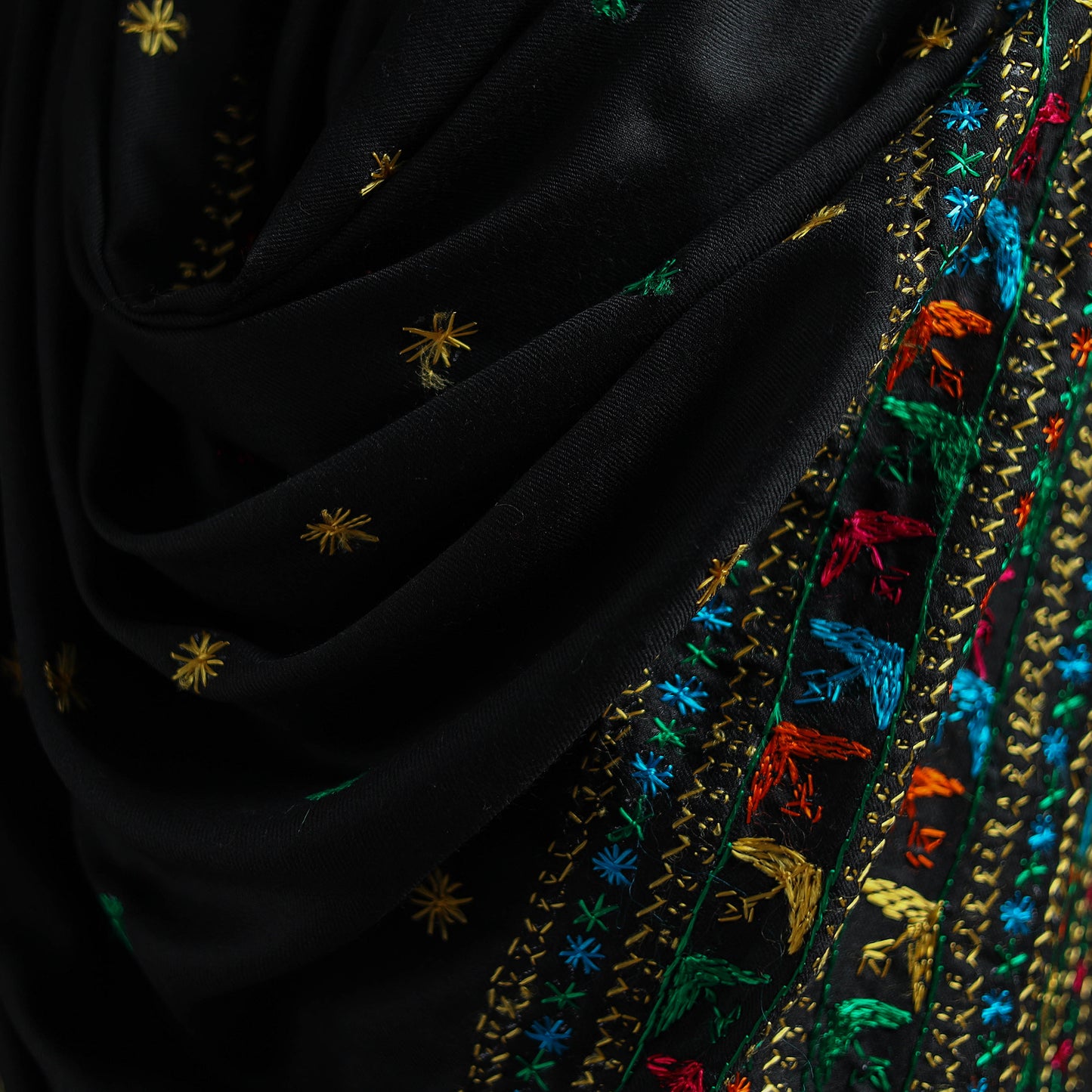 Black - Hand Embroidered Phulkari Wool Shawl 08