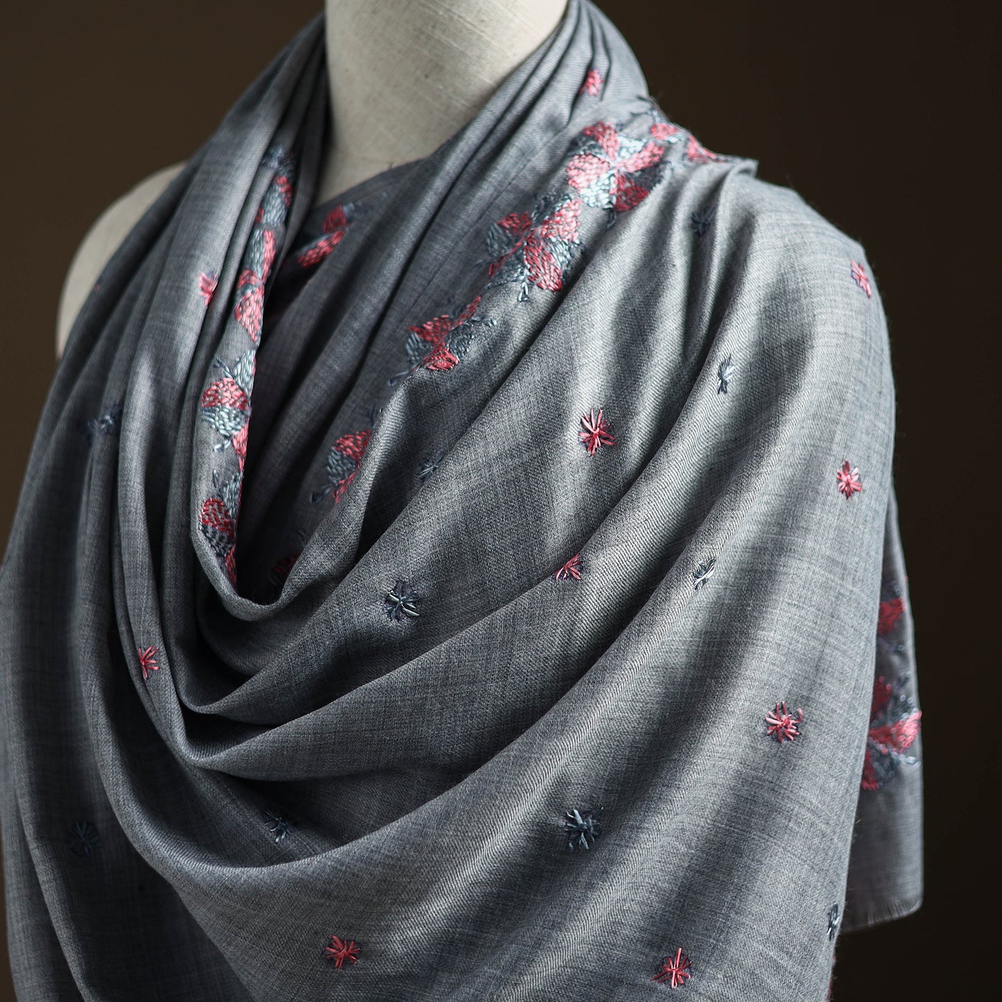 Grey - Hand Embroidered Phulkari Wool Shawl 12
