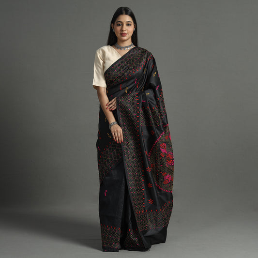 Black - Bengal Nakshi Kantha Embroidery Silk Saree 15