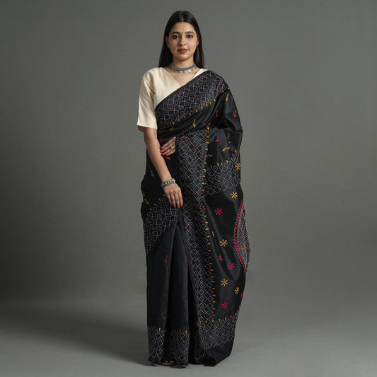 Black - Bengal Nakshi Kantha Embroidery Silk Saree 17