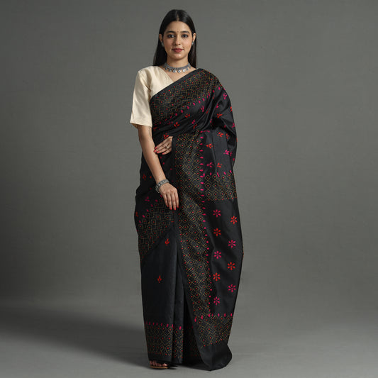 Black - Bengal Nakshi Kantha Embroidery Silk Saree 18