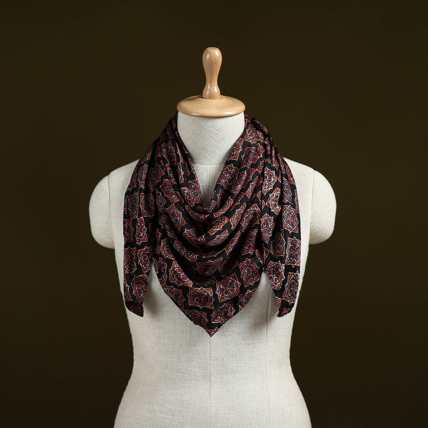 Black - Ajrakh Hand Block Print Natural Dyed Modal Silk Scarf 02