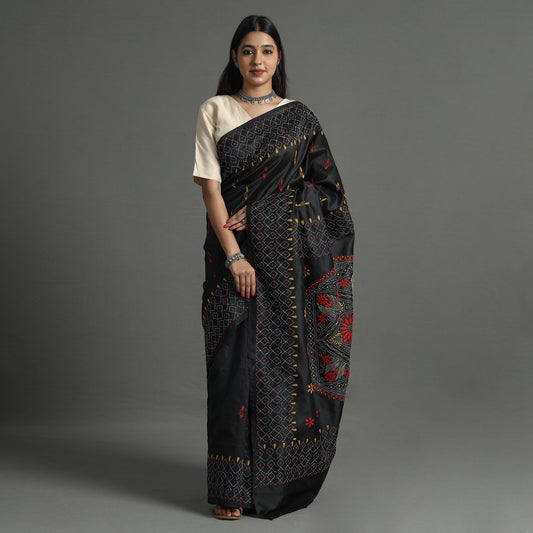 Black - Bengal Nakshi Kantha Embroidery Silk Saree 20