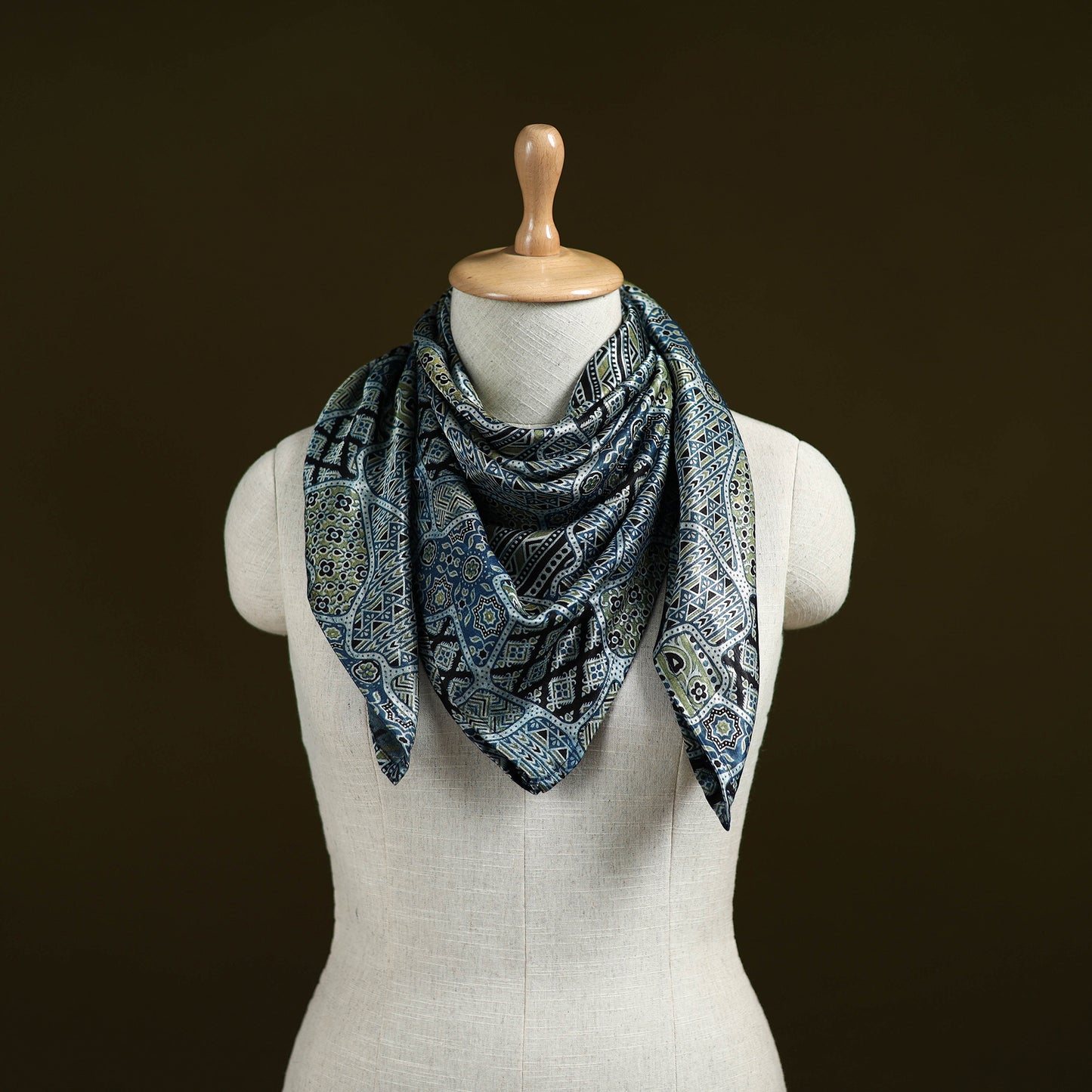 Blue - Ajrakh Hand Block Print Natural Dyed Modal Silk Scarf 07