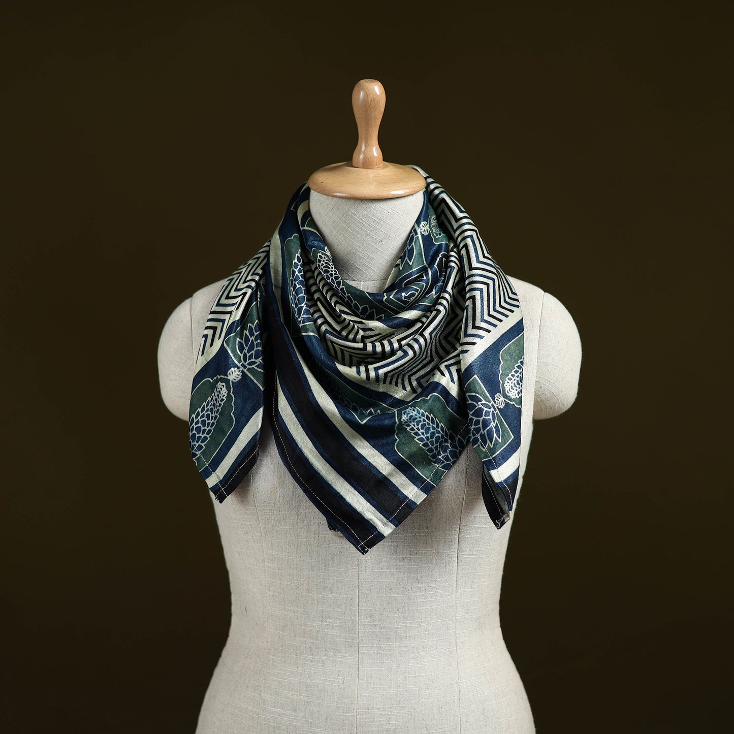 Blue - Ajrakh Hand Block Print Natural Dyed Modal Silk Scarf 12