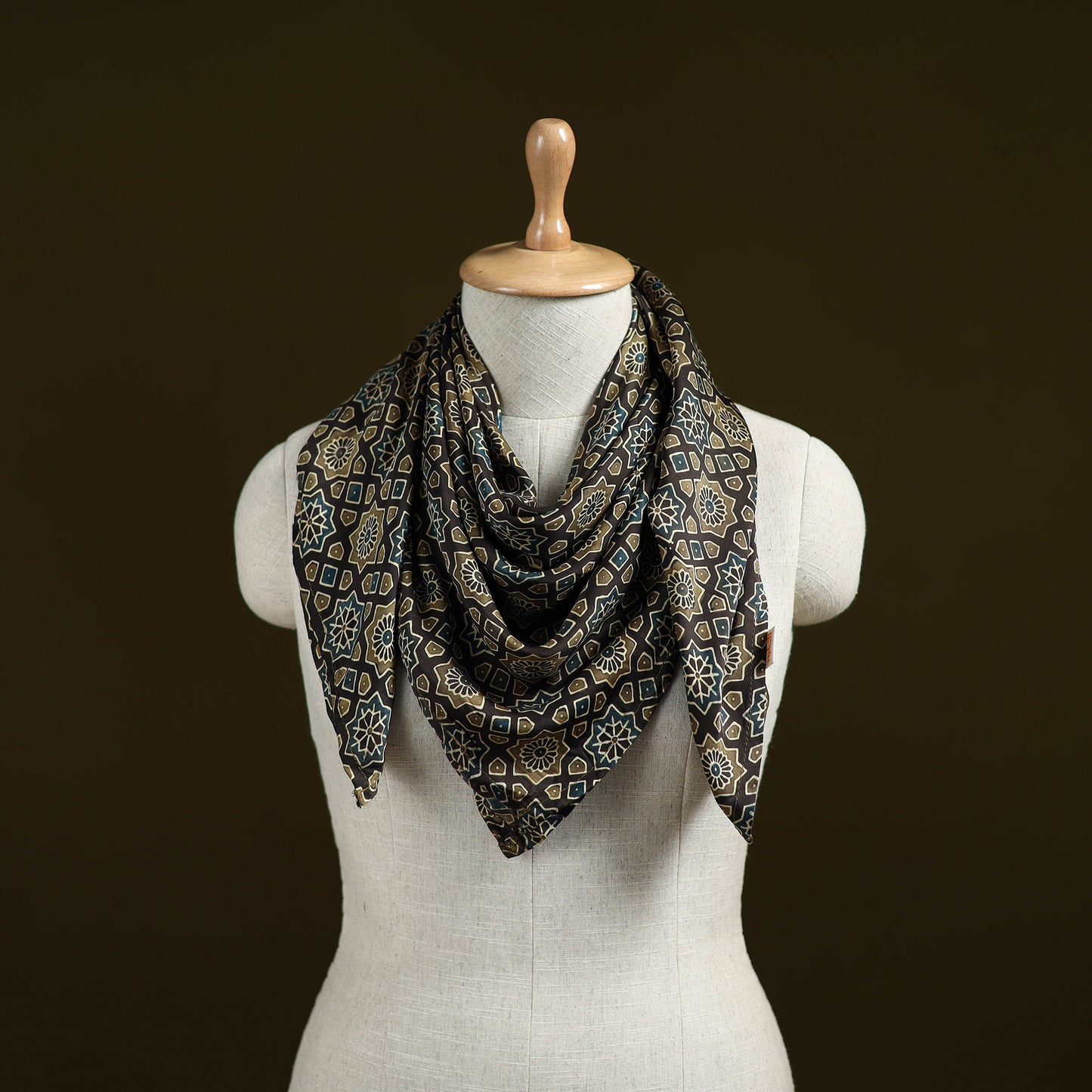Black - Ajrakh Hand Block Print Natural Dyed Modal Silk Scarf 14