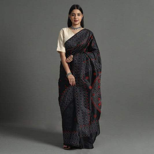 Black - Bengal Nakshi Kantha Embroidery Silk Saree 22