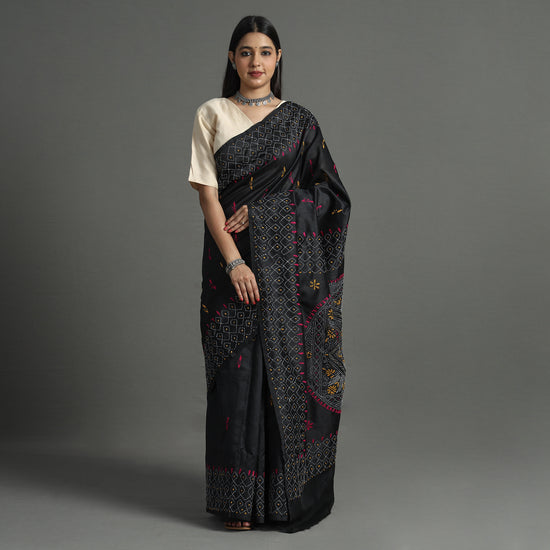 Black - Bengal Nakshi Kantha Embroidery Silk Saree 23