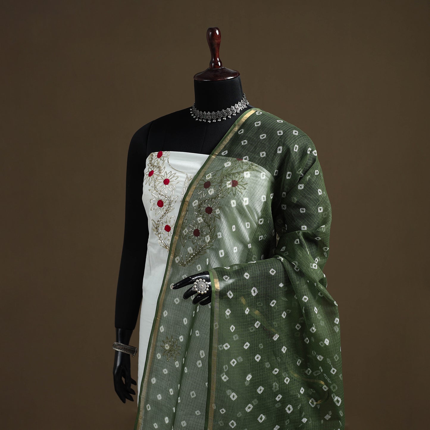 Green - Bandhani Tie-Dye Kota Doria Cotton Dupatta 02