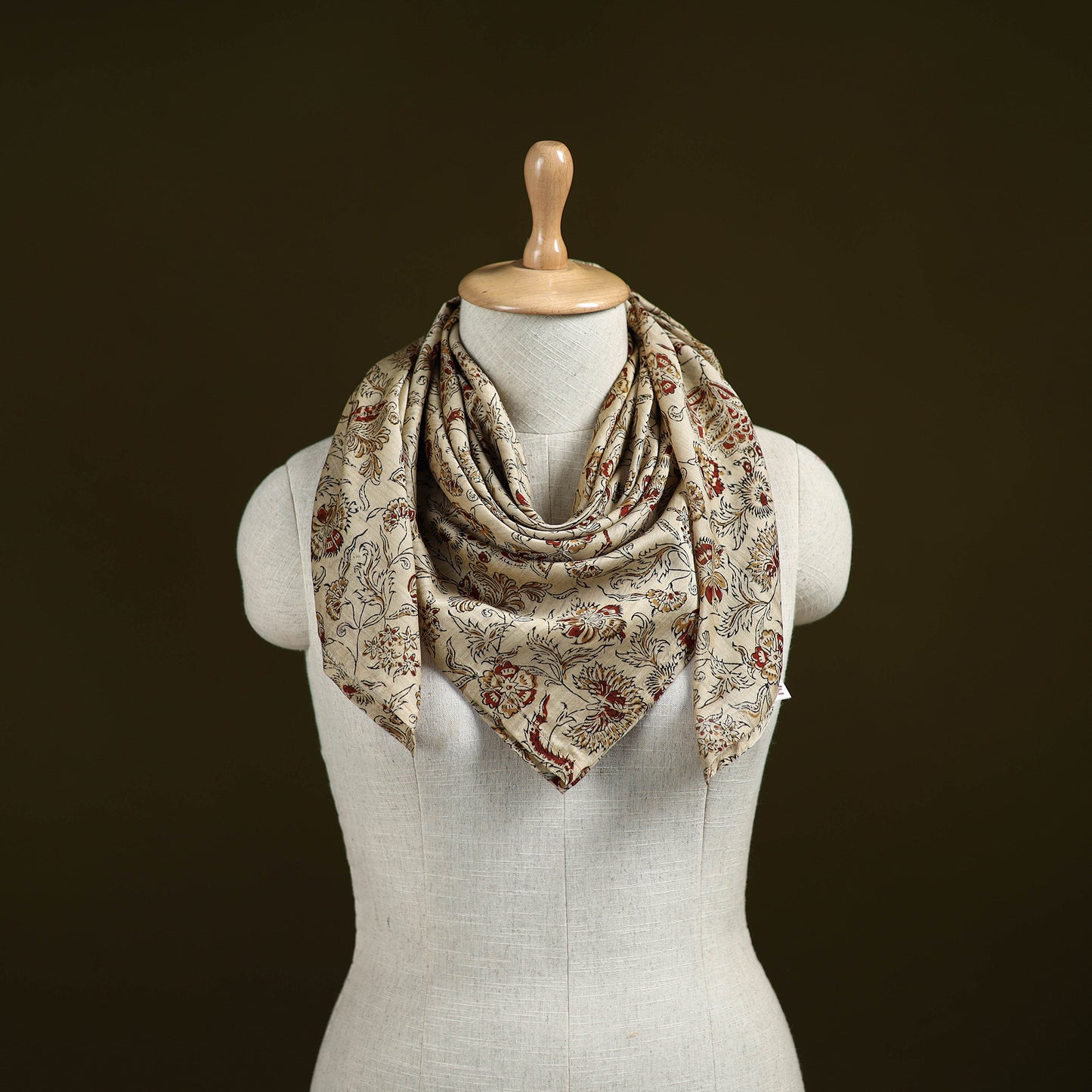 Beige - Kalamkari Hand Block Print Natural Dyed Chanderi Silk Scarf 75