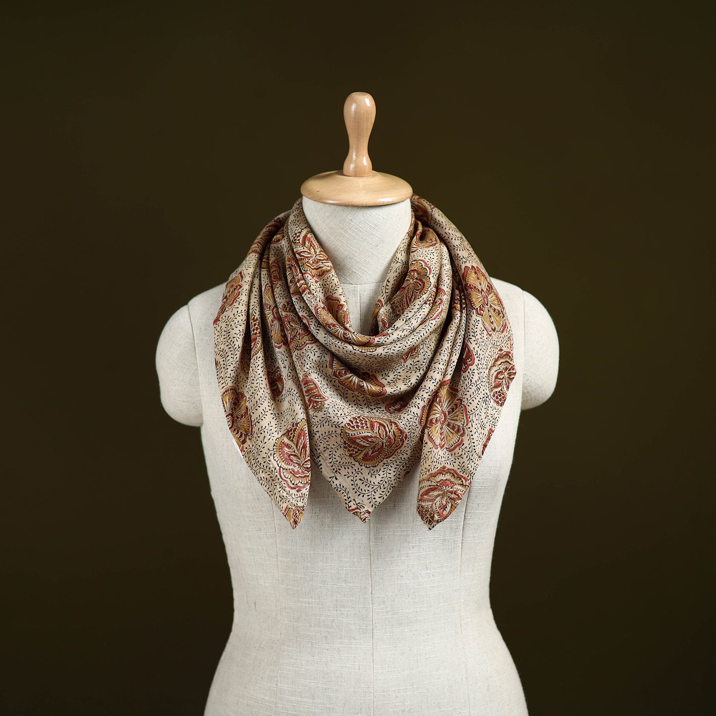 Beige - Kalamkari Hand Block Print Natural Dyed Chanderi Silk Scarf 76