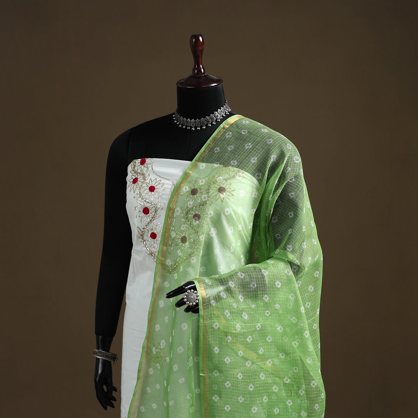 Green - Bandhani Tie-Dye Kota Doria Cotton Dupatta 03