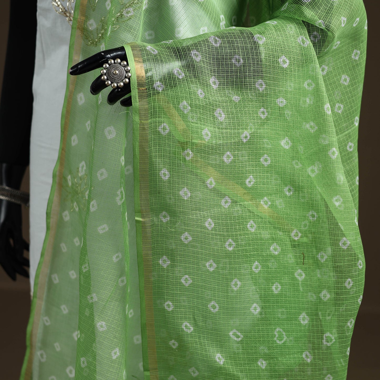 Green - Bandhani Tie-Dye Kota Doria Cotton Dupatta 03