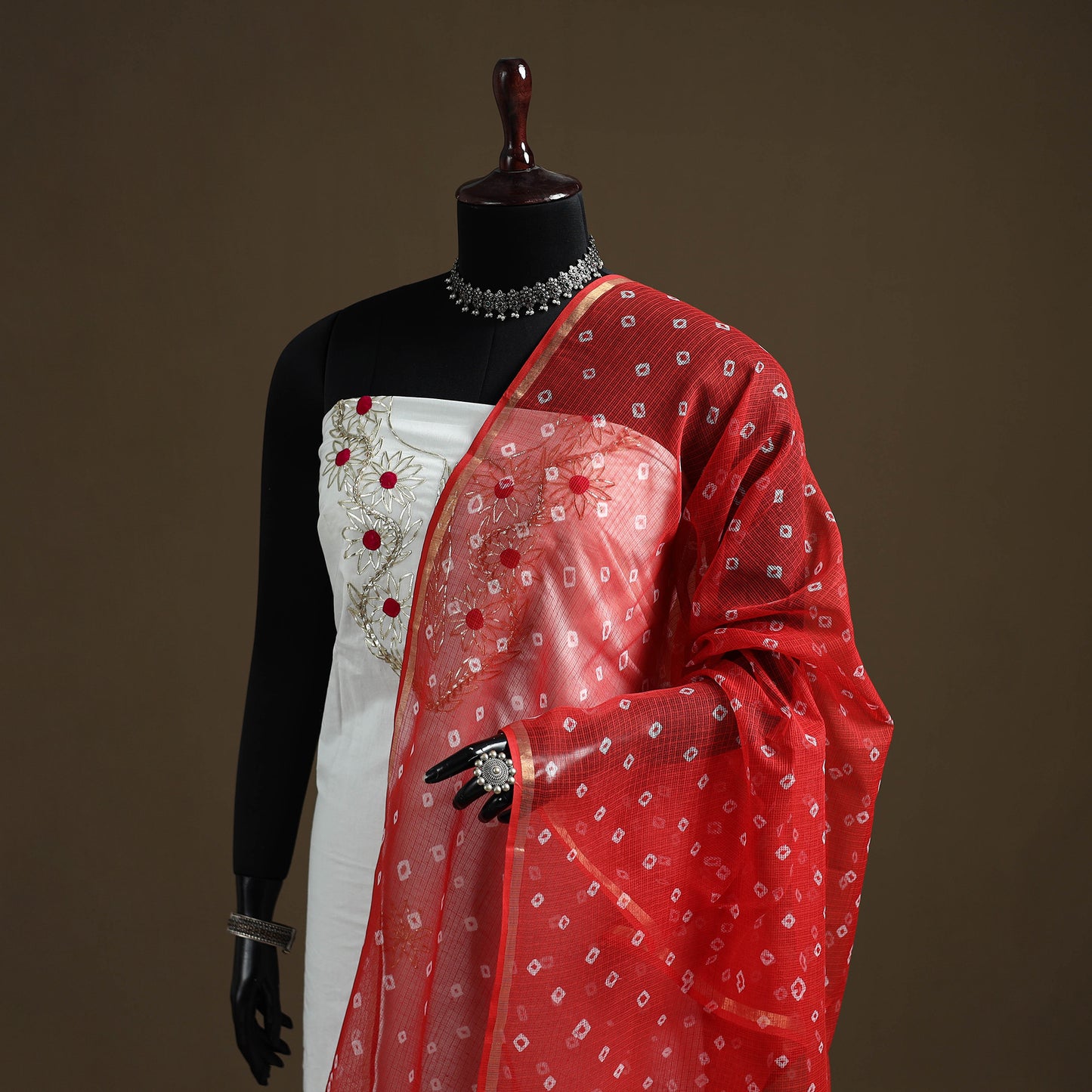 Orange - Bandhani Tie-Dye Kota Doria Cotton Dupatta 04