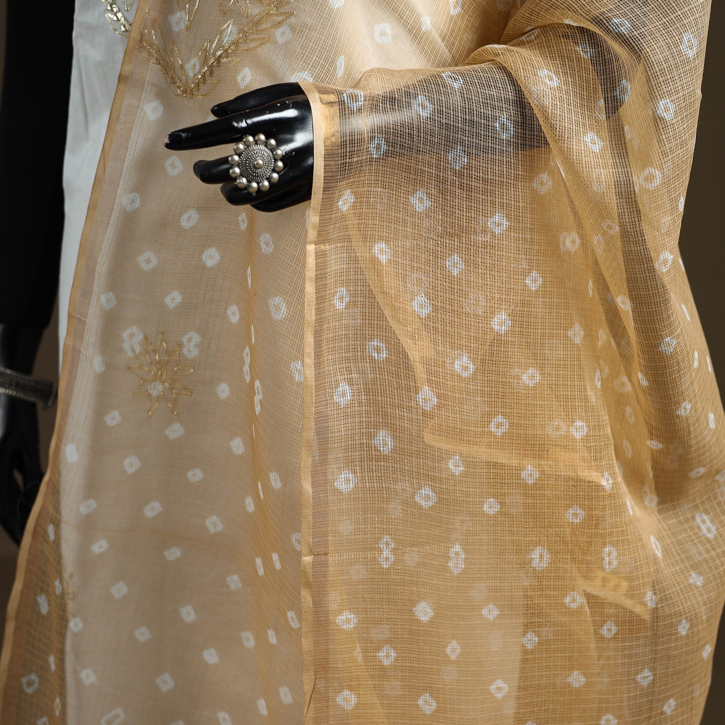 Beige - Bandhani Tie-Dye Kota Doria Cotton Dupatta 05