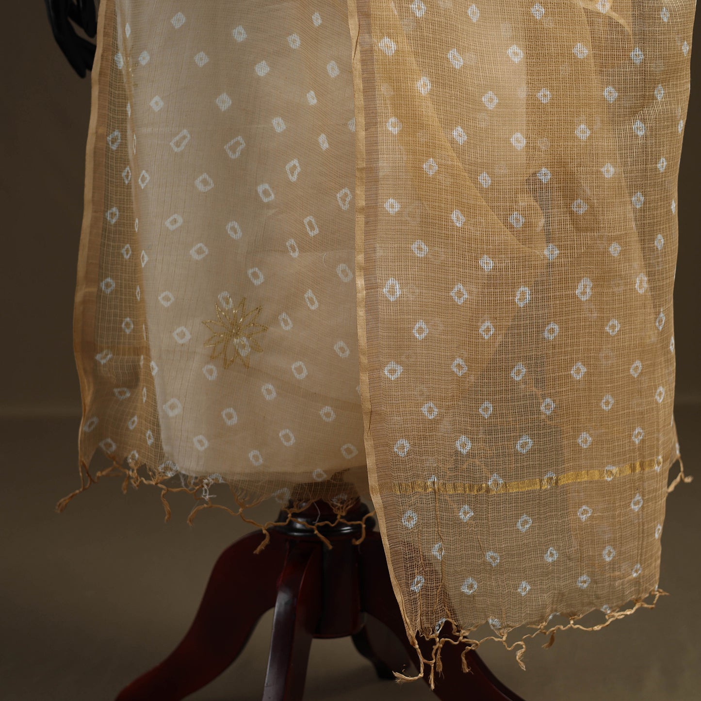 Beige - Bandhani Tie-Dye Kota Doria Cotton Dupatta 05