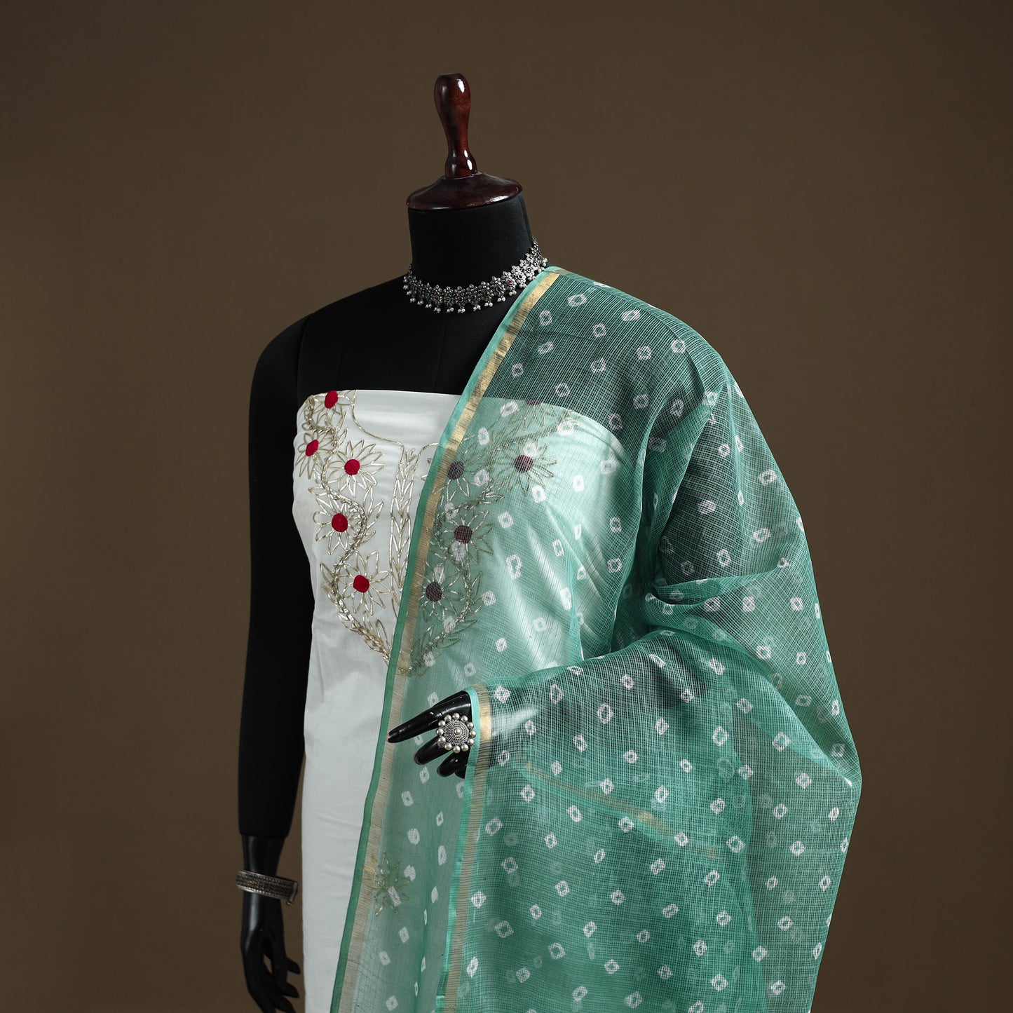 Green - Bandhani Tie-Dye Kota Doria Cotton Dupatta 06