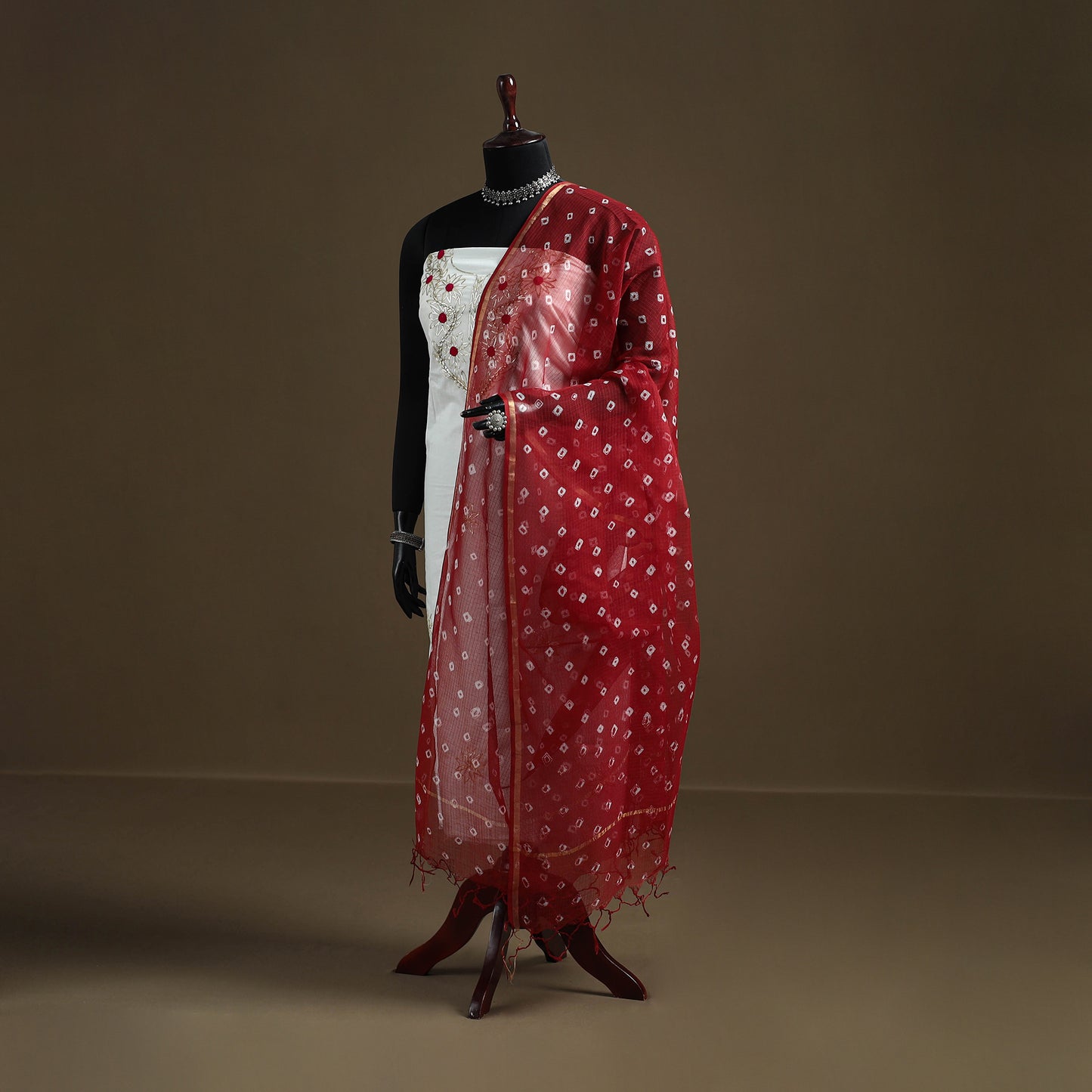 Red - Bandhani Tie-Dye Kota Doria Cotton Dupatta 08