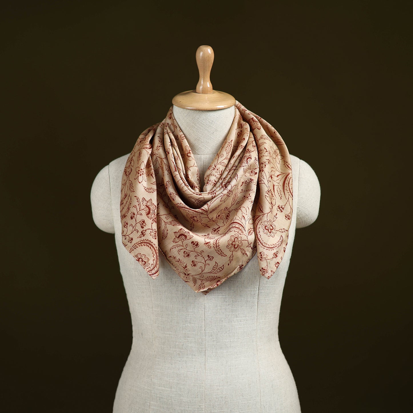 Beige - Kalamkari Hand Block Print Natural Dyed Chanderi Silk Scarf 89
