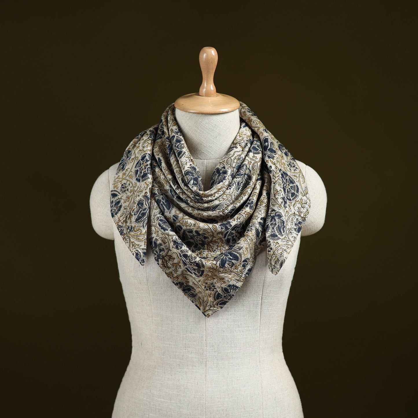 Beige - Kalamkari Hand Block Print Natural Dyed Chanderi Silk Scarf 90