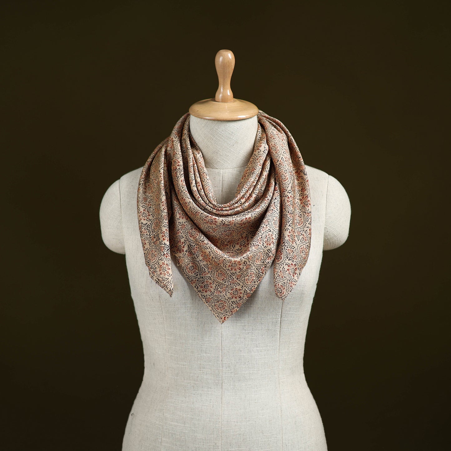 Beige - Kalamkari Hand Block Print Natural Dyed Chanderi Silk Scarf 93