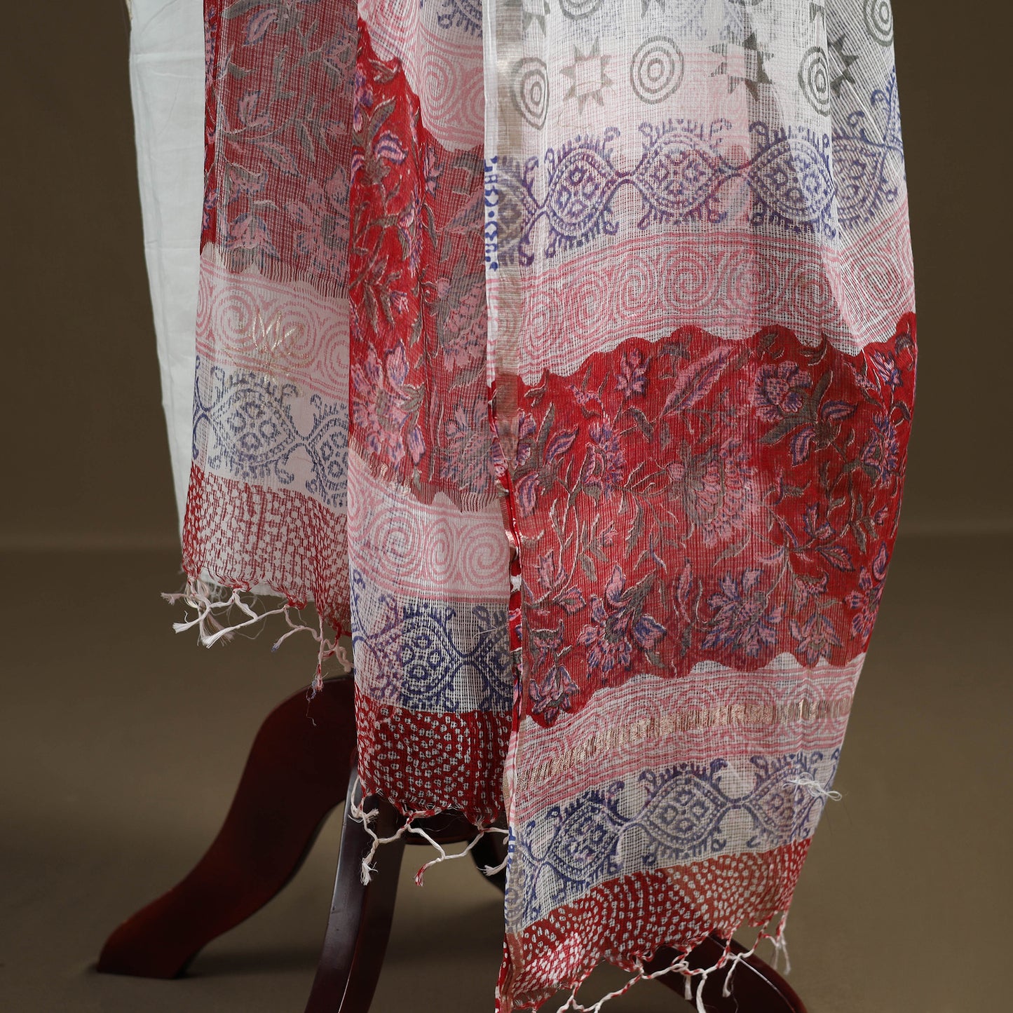 White - Sanganeri Hand Block Print Kota Doria Cotton Dupatta 02