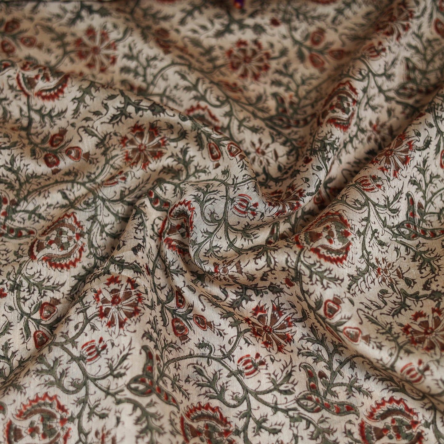 Beige - Kalamkari Hand Block Print Natural Dyed Chanderi Silk Scarf 88