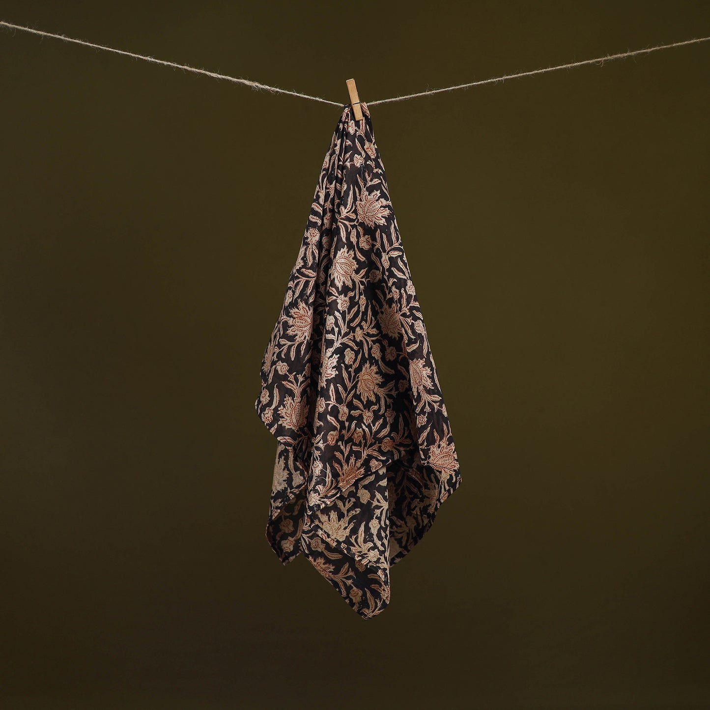 Black - Kalamkari Hand Block Print Natural Dyed Chanderi Silk Scarf 85
