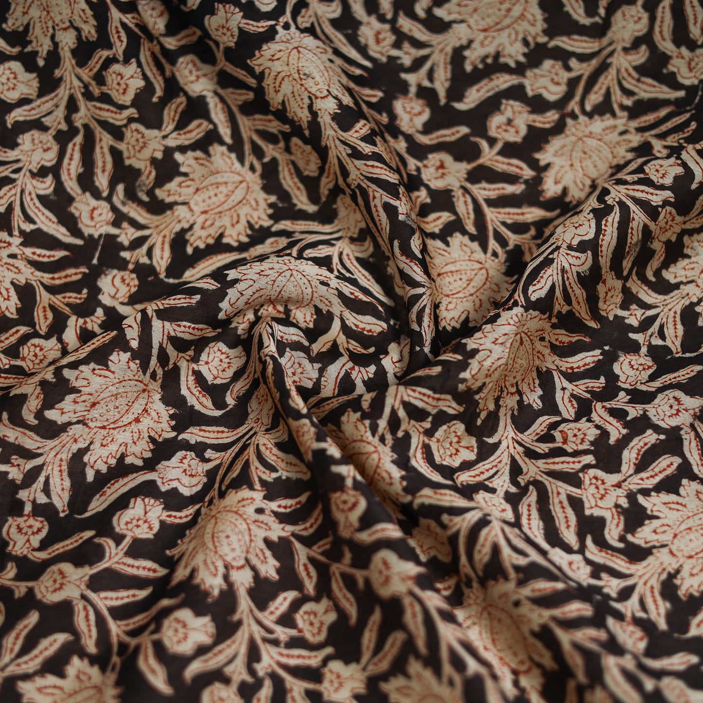 Black - Kalamkari Hand Block Print Natural Dyed Chanderi Silk Scarf 80