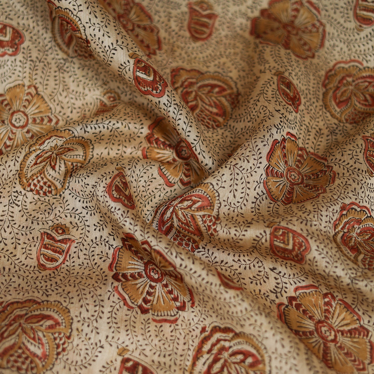 Beige - Kalamkari Hand Block Print Natural Dyed Chanderi Silk Scarf 76