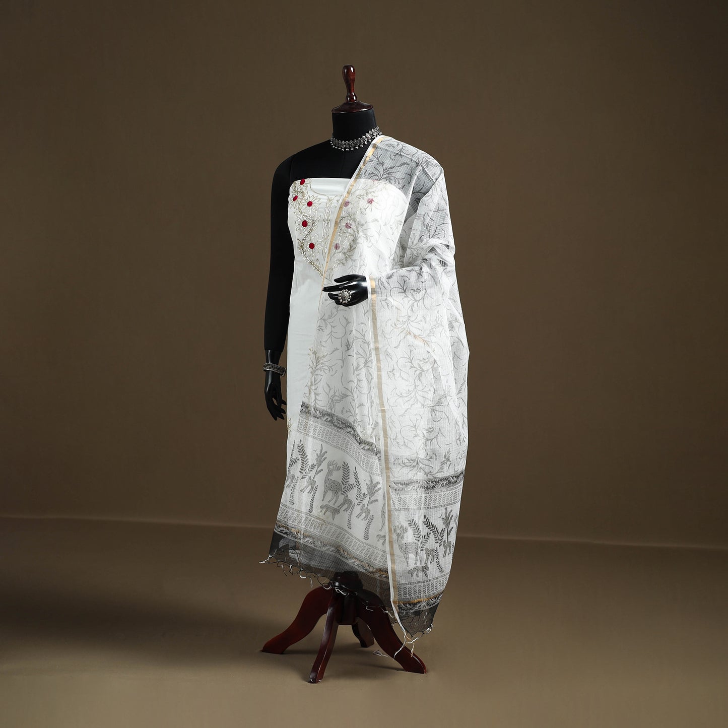 White - Sanganeri Hand Block Print Kota Doria Cotton Dupatta 11