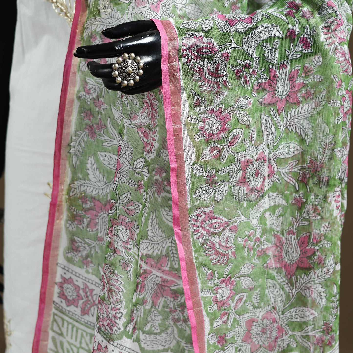 Green - Sanganeri Hand Block Print Kota Doria Cotton Dupatta 12