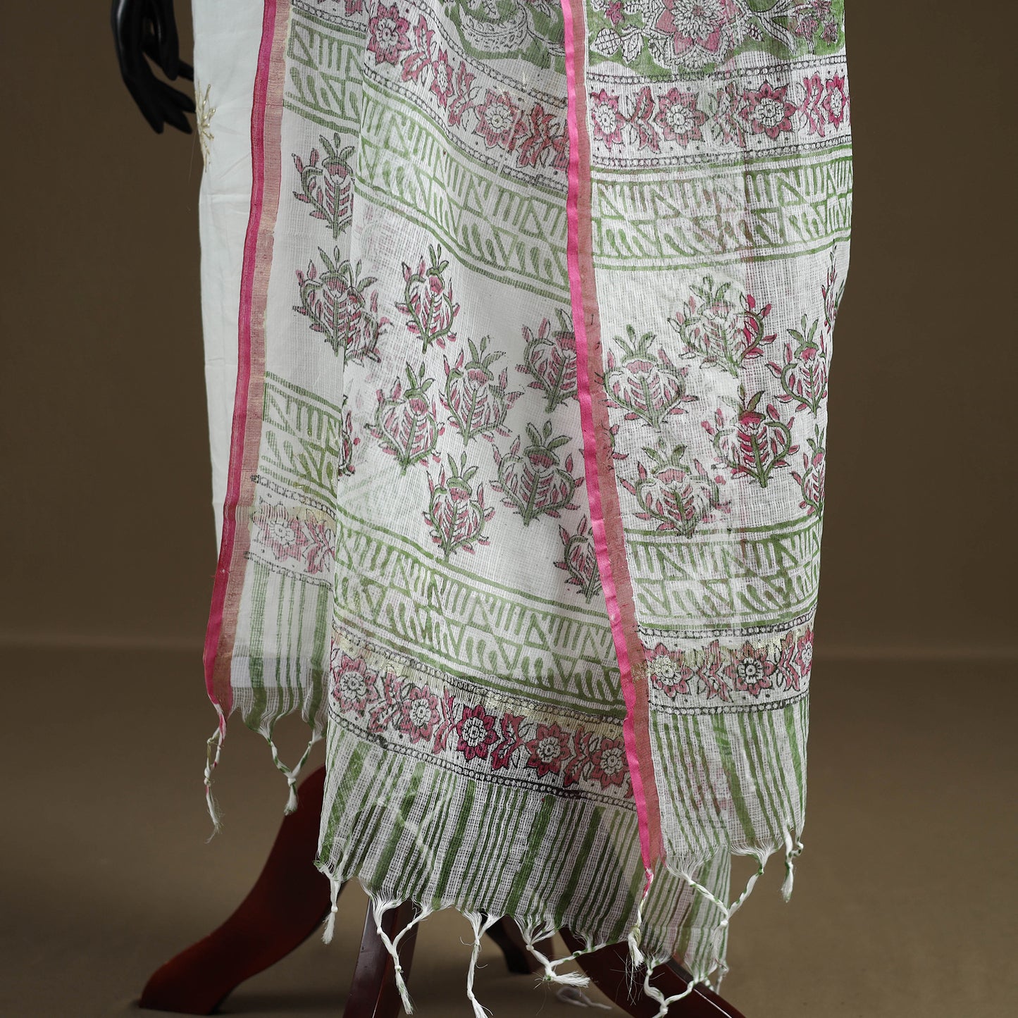 Green - Sanganeri Hand Block Print Kota Doria Cotton Dupatta 12