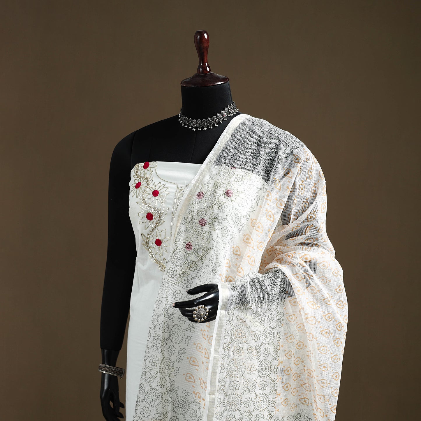 White - Sanganeri Hand Block Print Kota Doria Cotton Dupatta 13