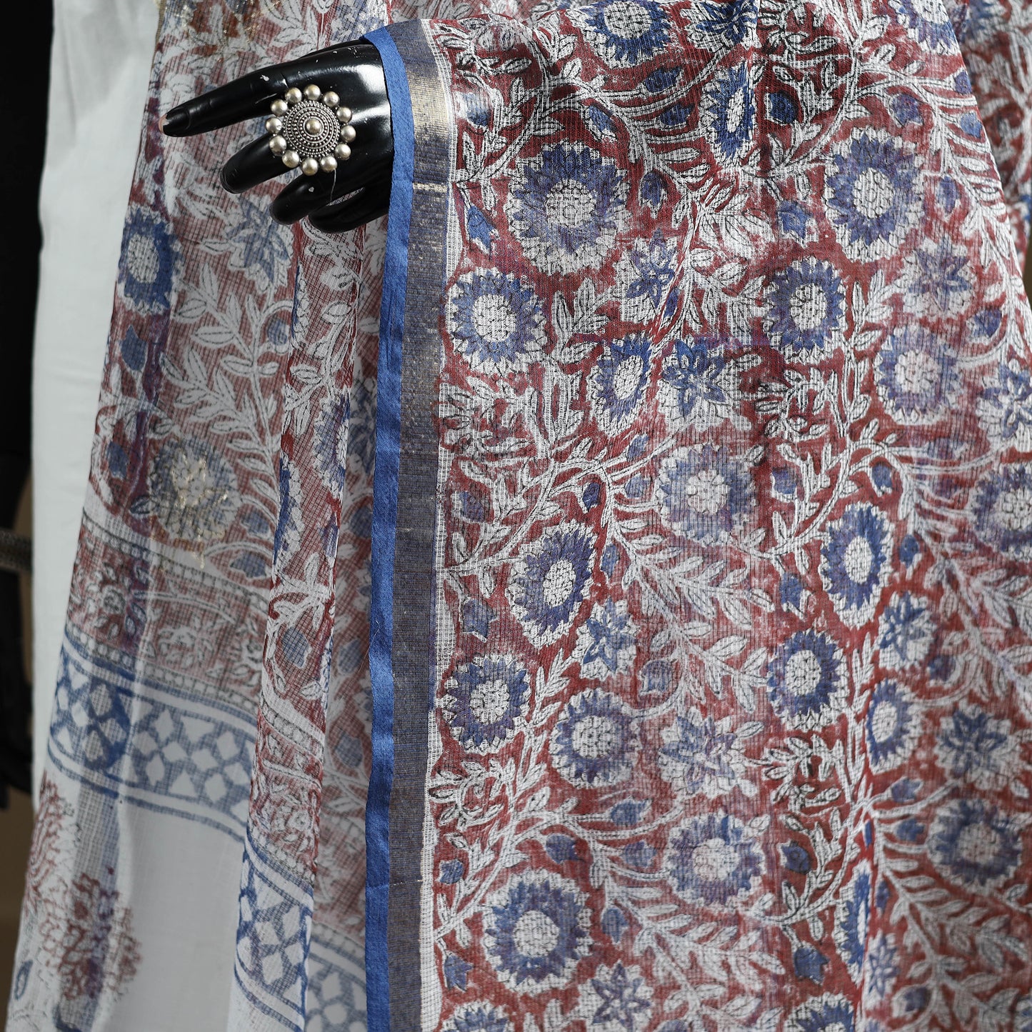 Red - Sanganeri Hand Block Print Kota Doria Cotton Dupatta 17