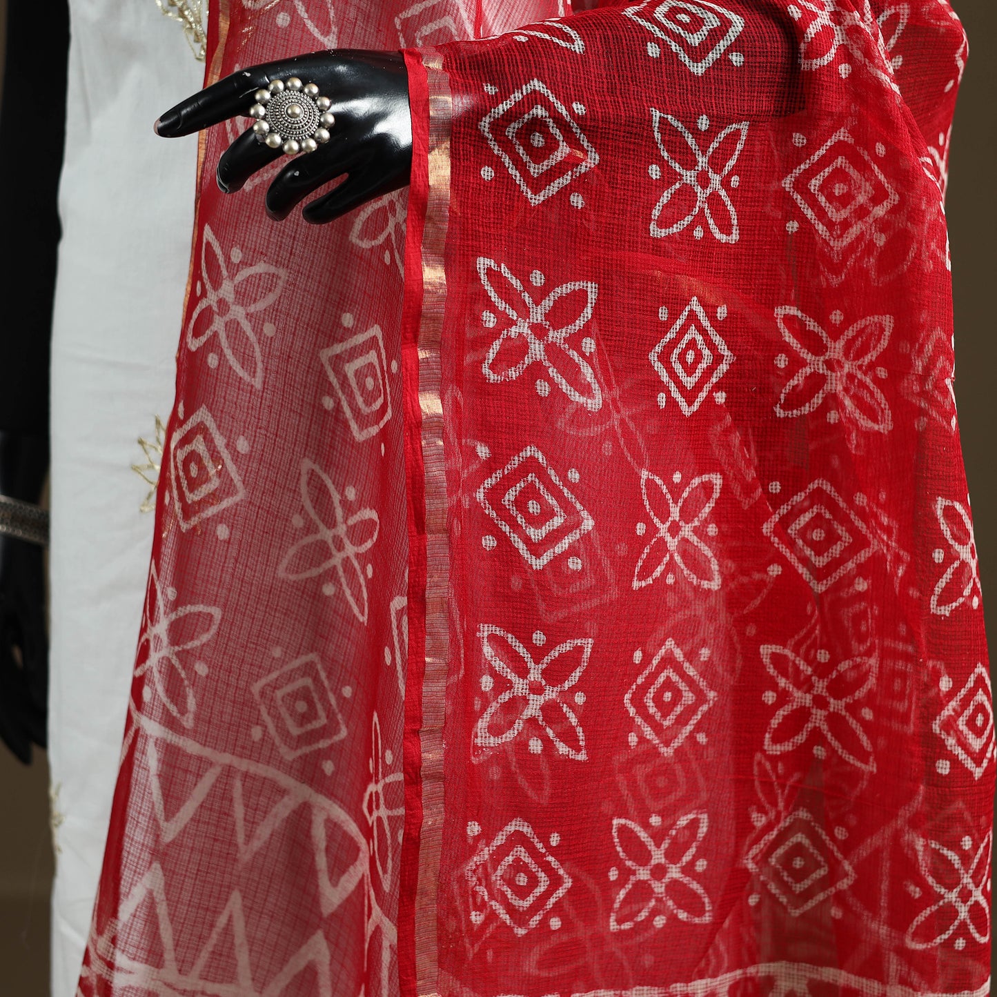 Red - Hand Block Batik Print Kota Doria Cotton Dupatta 22
