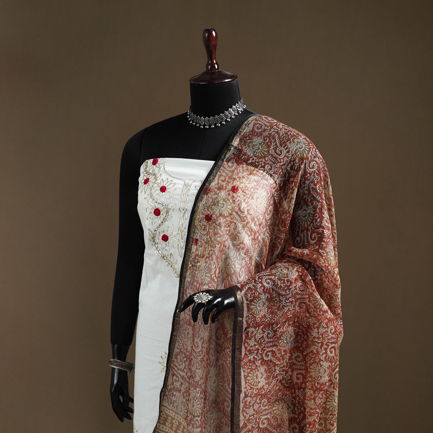 Red - Bagru Hand Block Print Natural Dyed Kota Doria Cotton Dupatta 24