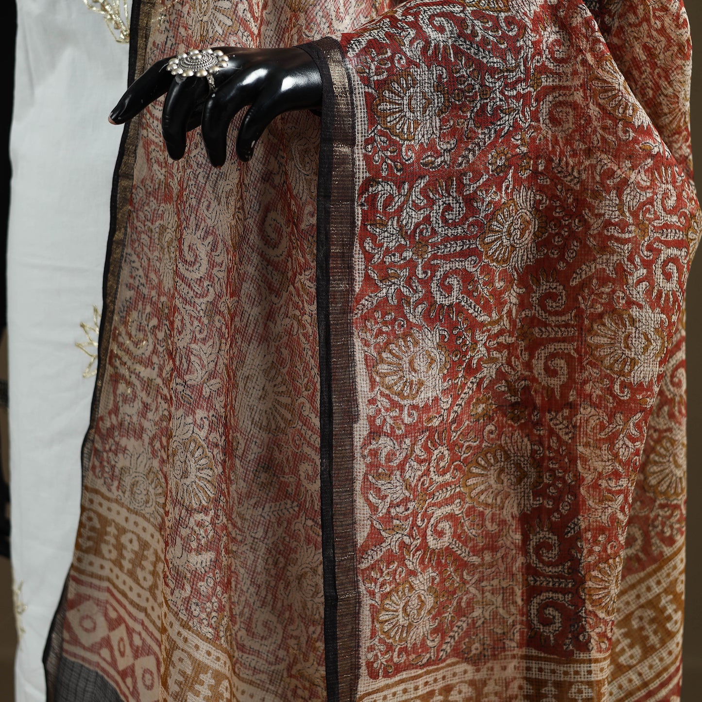Red - Bagru Hand Block Print Natural Dyed Kota Doria Cotton Dupatta 24