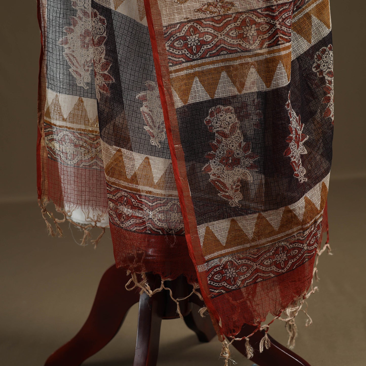 Beige - Bagru Hand Block Print Natural Dyed Kota Doria Cotton Dupatta 29