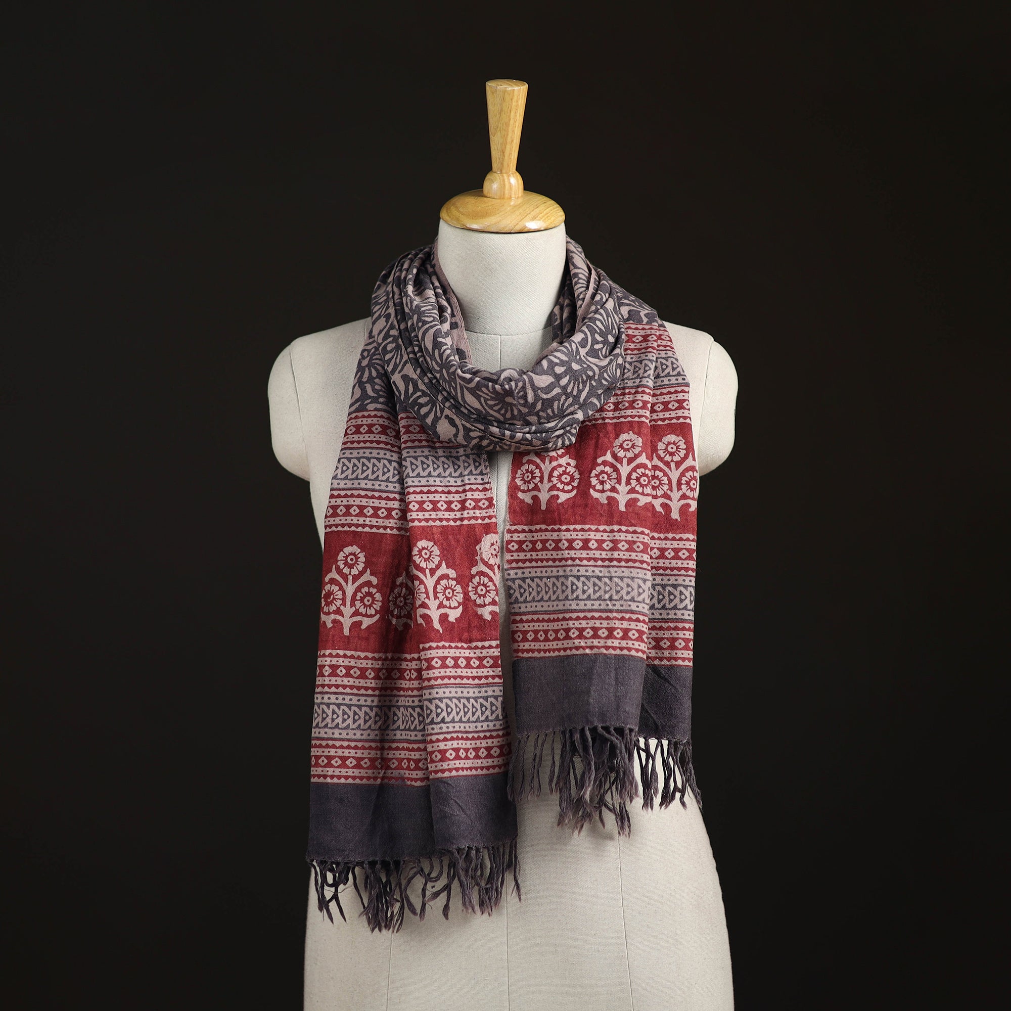 Handwoven Merino Wool Natural Dyed Bagh Hand Block Print Stole 07
