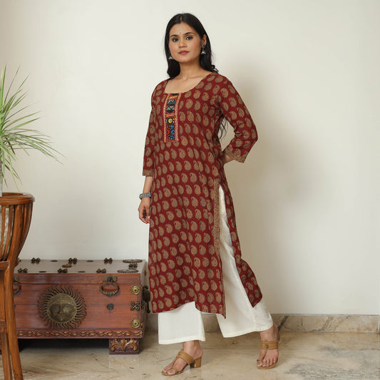 Red - Bagh Hand Block Printed Cotton Straight Kurta with Kutch Embroidery Patchwork 11