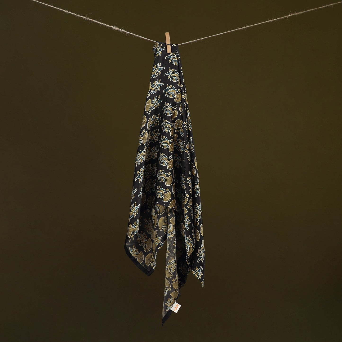 Black - Ajrakh Hand Block Print Natural Dyed Modal Silk Scarf 31